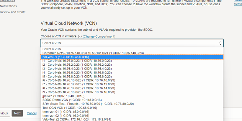 "hol-vcn-01" (CIDR: 10.45.0.0/16)
